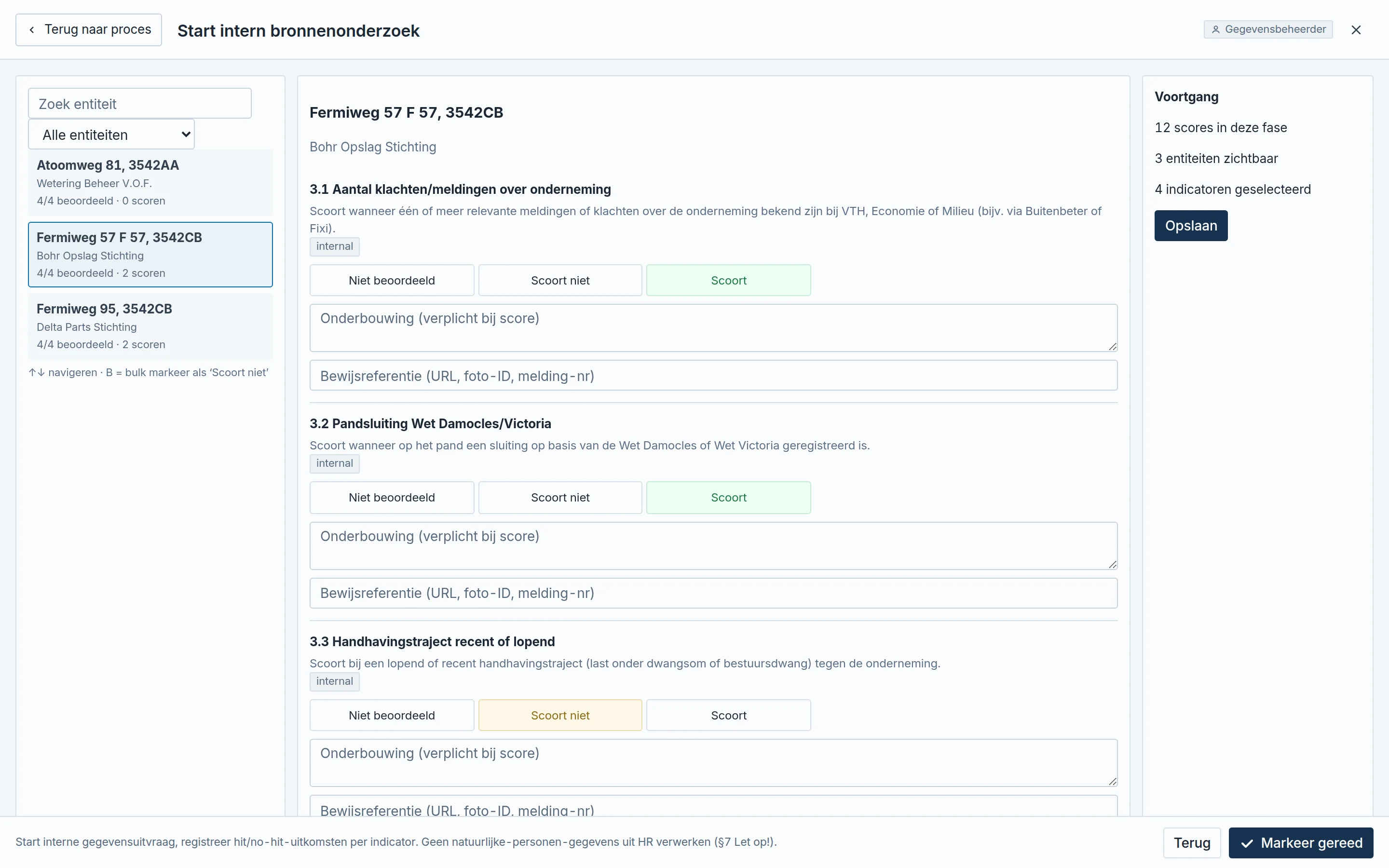 GRIP-scherm waarin intern bronnenonderzoek per onderneming wordt uitgevoerd en per indicator wordt gescoord