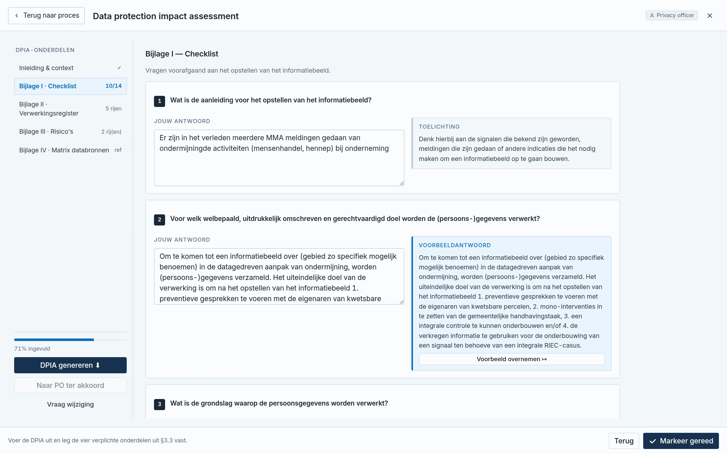GRIP-werkruimte voor de DPIA, met de checklist van Bijlage I en per vraag een voorbeeldantwoord