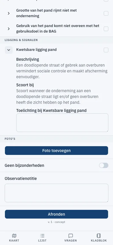 Schouw op de telefoon: een observatie vastleggen bij een pand, met indicatoren en een toelichting
